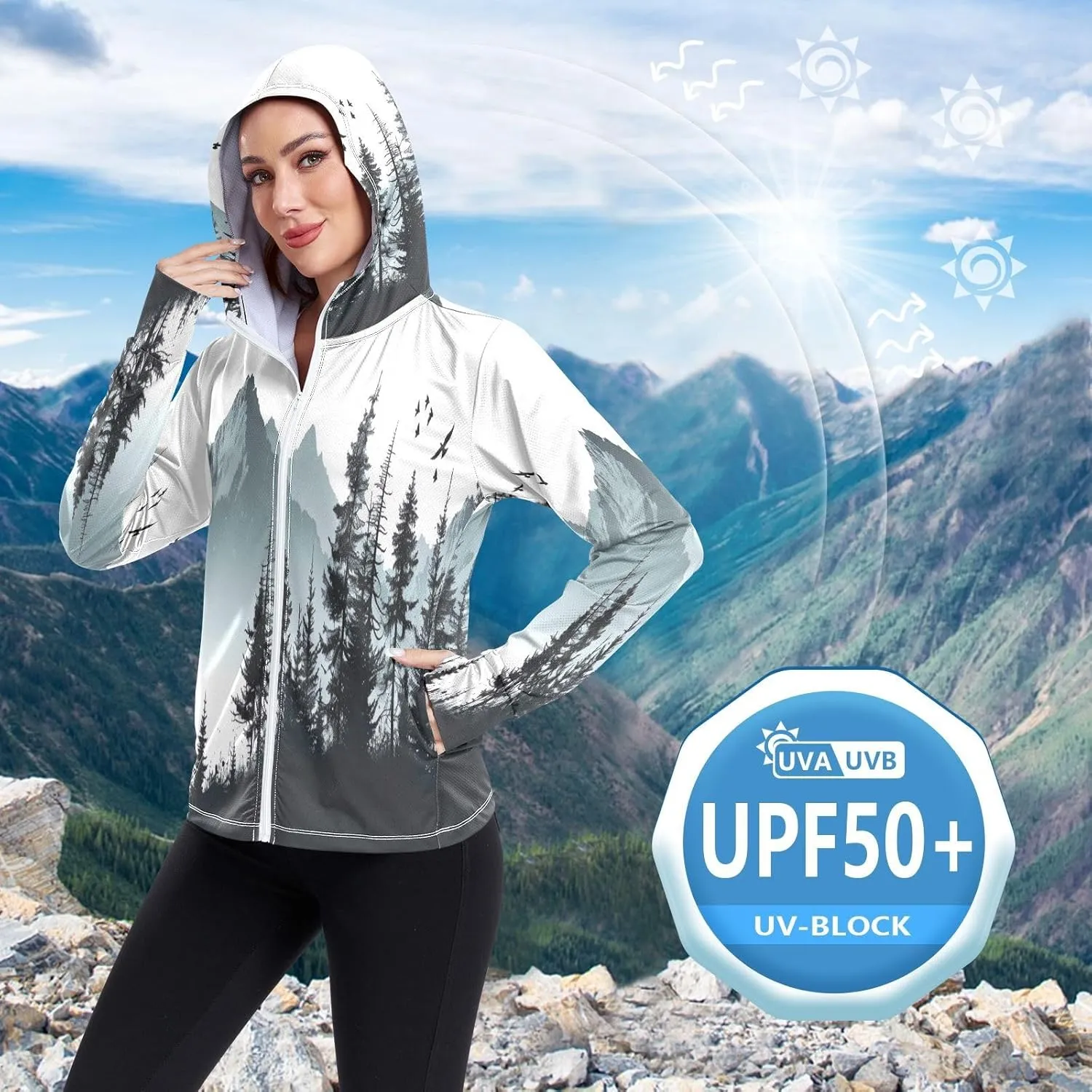Kigai Beautiful Gray Mountains Women's UPF 50  UV Sun Protection Clothing Zip Up Hoodie SPF Long Sleeve Sun Shirt
