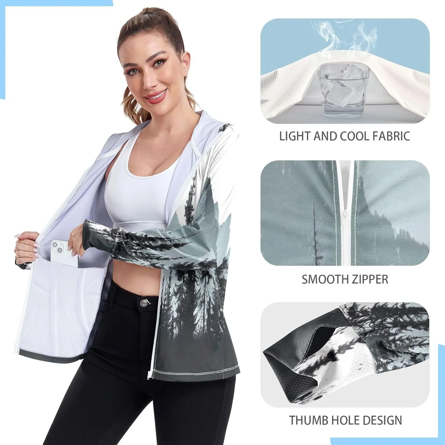 Kigai Beautiful Gray Mountains Women's UPF 50  UV Sun Protection Clothing Zip Up Hoodie SPF Long Sleeve Sun Shirt