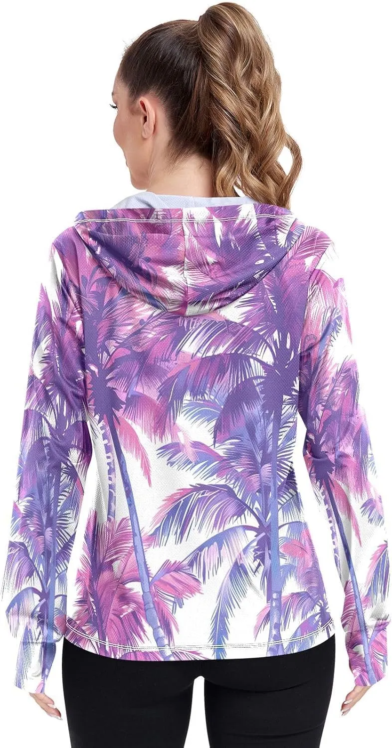 Kigai Colored Palm Trees Women's UPF 50  UV Sun Protection Clothing Zip Up Hoodie SPF Long Sleeve Sun Shirt