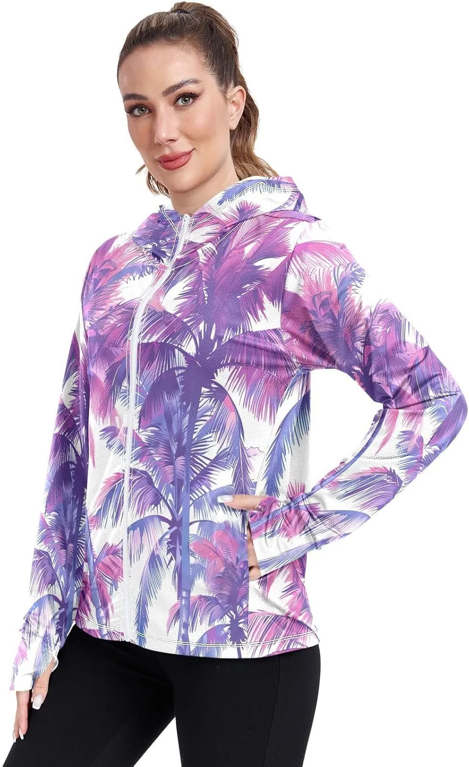 Kigai Colored Palm Trees Women's UPF 50  UV Sun Protection Clothing Zip Up Hoodie SPF Long Sleeve Sun Shirt
