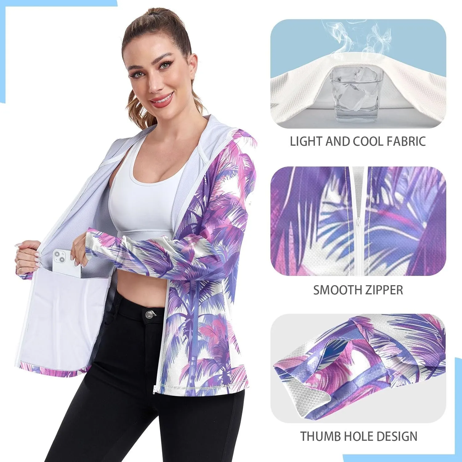 Kigai Colored Palm Trees Women's UPF 50  UV Sun Protection Clothing Zip Up Hoodie SPF Long Sleeve Sun Shirt