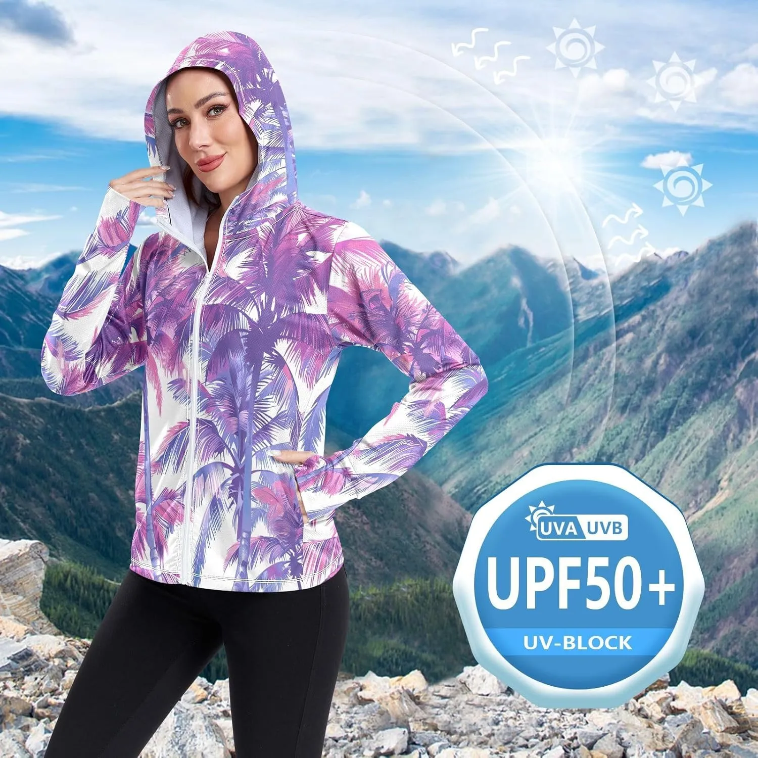 Kigai Colored Palm Trees Women's UPF 50  UV Sun Protection Clothing Zip Up Hoodie SPF Long Sleeve Sun Shirt