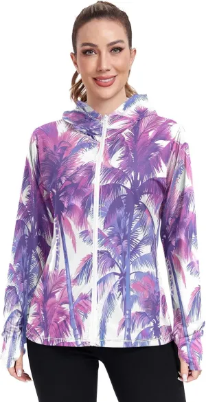 Kigai Colored Palm Trees Women's UPF 50  UV Sun Protection Clothing Zip Up Hoodie SPF Long Sleeve Sun Shirt