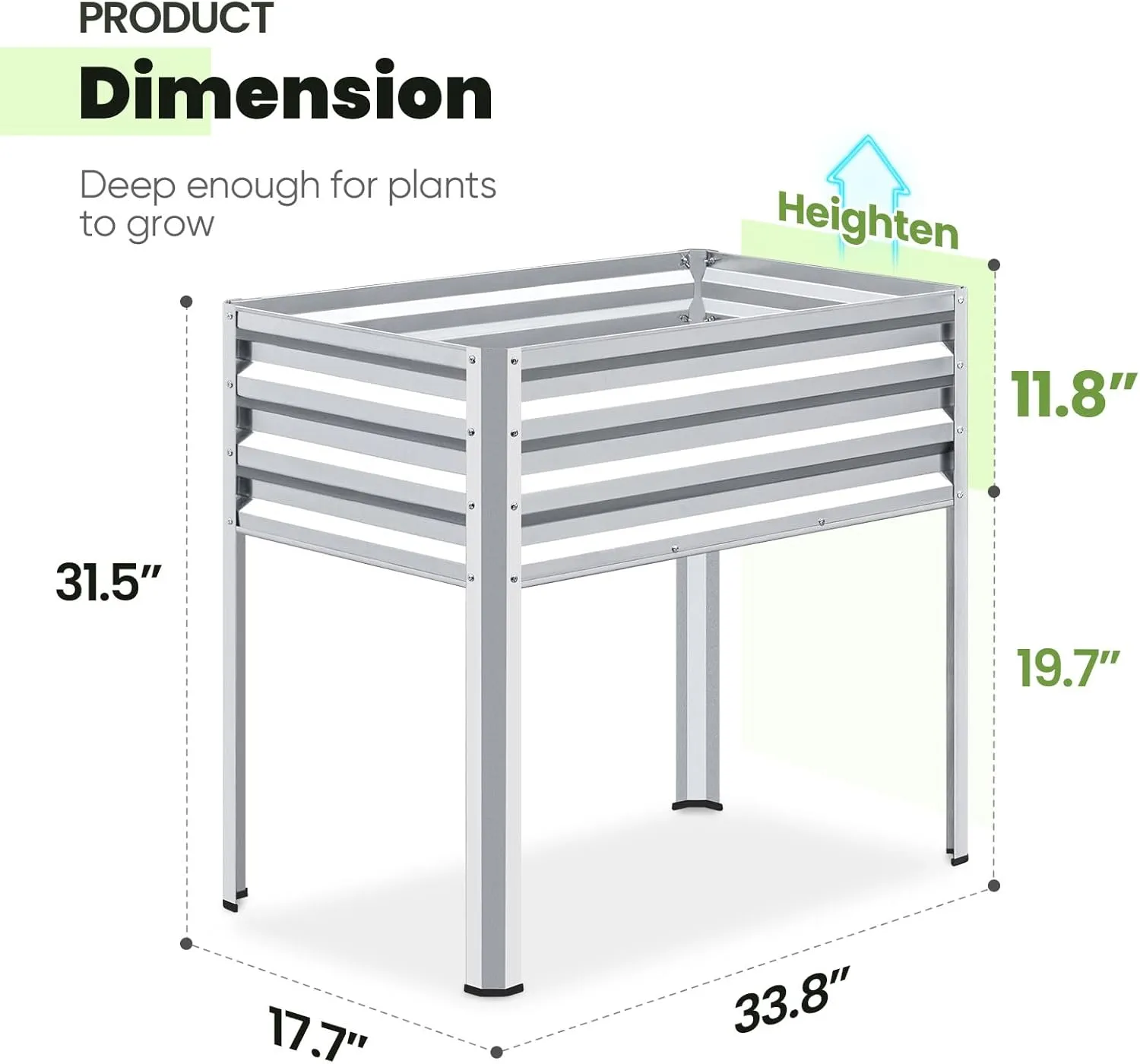 KING BIRD Raised Garden Bed with Legs Galvanized Elevated Planter Box for Backyard, Patio, Balcony, 33.9x17.7x31.5in, Silver