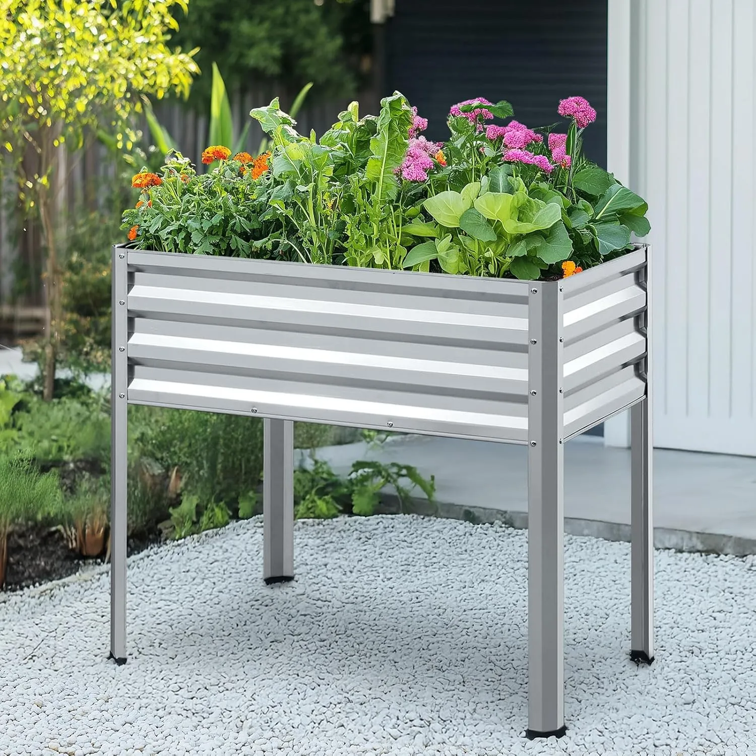KING BIRD Raised Garden Bed with Legs Galvanized Elevated Planter Box for Backyard, Patio, Balcony, 33.9x17.7x31.5in, Silver