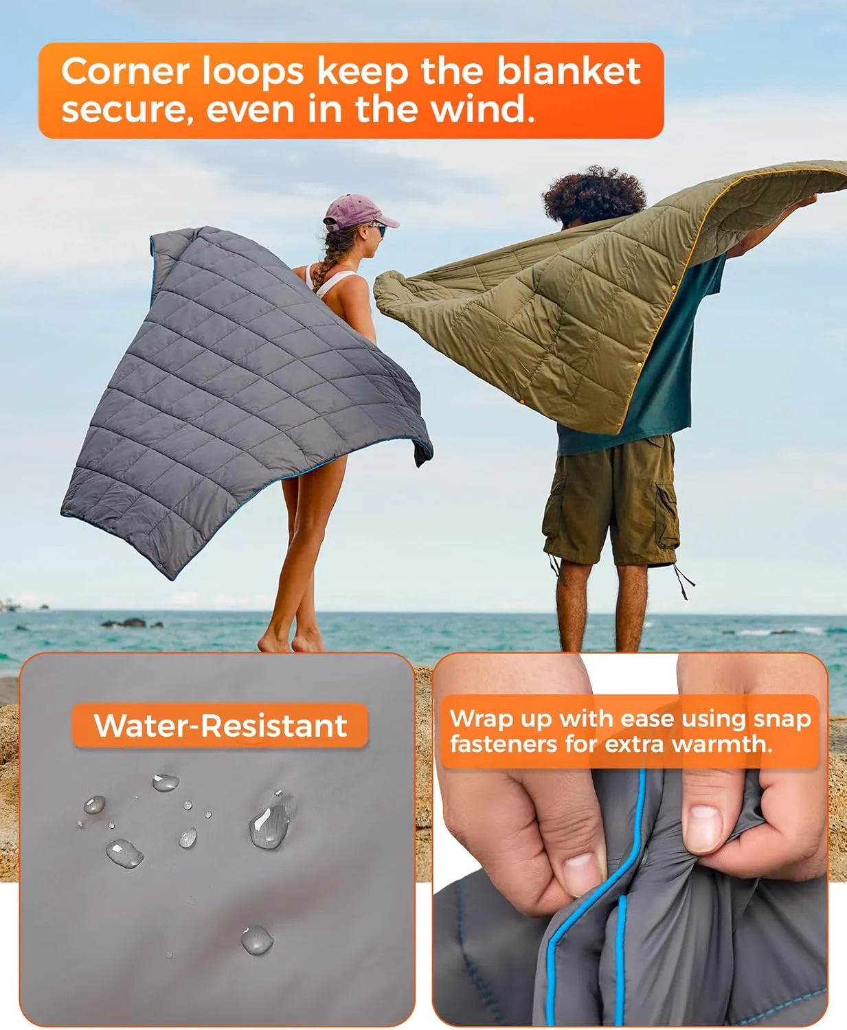 KingCamp Ultralight Camping Blanket, Packable Down Alternative Puffy Wearable Blankets Weatherproof Warm Package Quilt with Snap Buttons for Outdoor Hiking Travel Picnic Stadium (69" x 53", Charcoal)