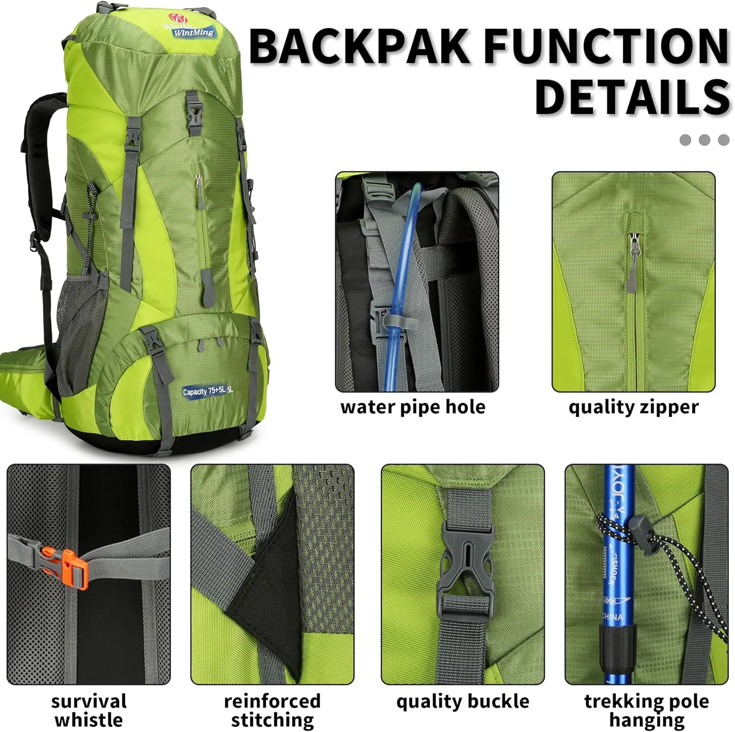 King'sGuard Hiking Backpack for Men and Women 70L 5L Waterproof Lightweight Camping Daypack with Rain Cover for Outdoor Travel Mountaineering - Frameless (Green)