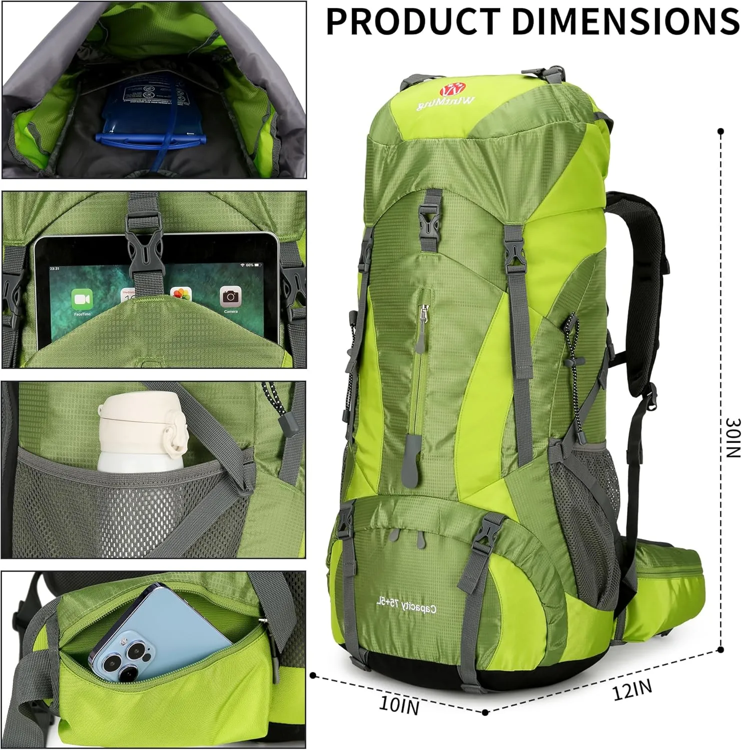 King'sGuard Hiking Backpack for Men and Women 70L 5L Waterproof Lightweight Camping Daypack with Rain Cover for Outdoor Travel Mountaineering - Frameless (Green)