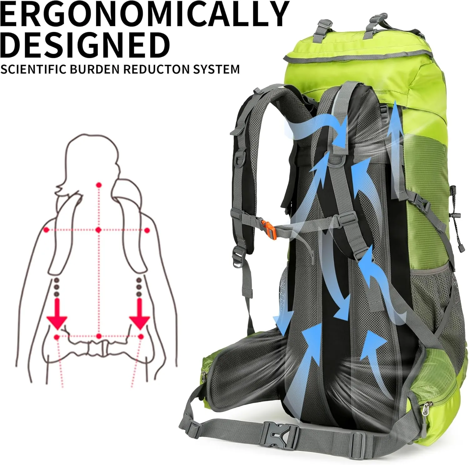 King'sGuard Hiking Backpack for Men and Women 70L 5L Waterproof Lightweight Camping Daypack with Rain Cover for Outdoor Travel Mountaineering - Frameless (Green)