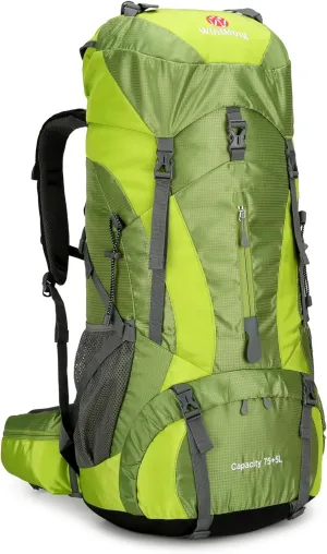 King'sGuard Hiking Backpack for Men and Women 70L 5L Waterproof Lightweight Camping Daypack with Rain Cover for Outdoor Travel Mountaineering - Frameless (Green)
