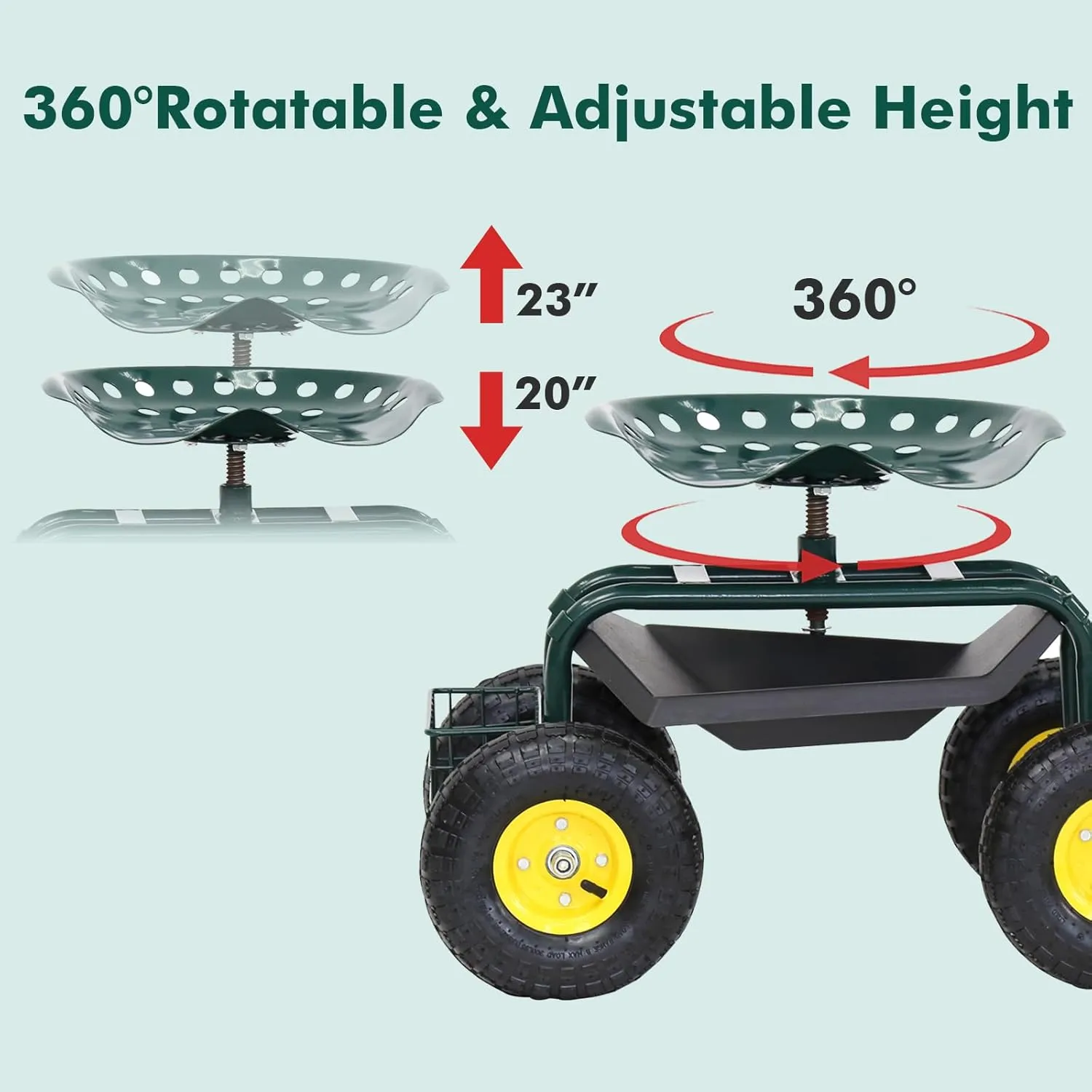 Kintness Garden Cart Rolling Wagon Scooter for Planting Swivel Work Seat with Tool Storage Utility Basket, 10" inch Wheel for Garden