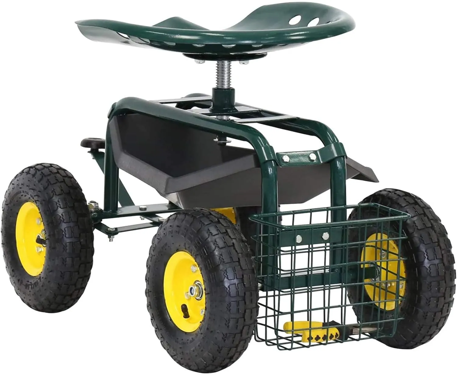 Kintness Garden Cart Rolling Wagon Scooter for Planting Swivel Work Seat with Tool Storage Utility Basket, 10" inch Wheel for Garden