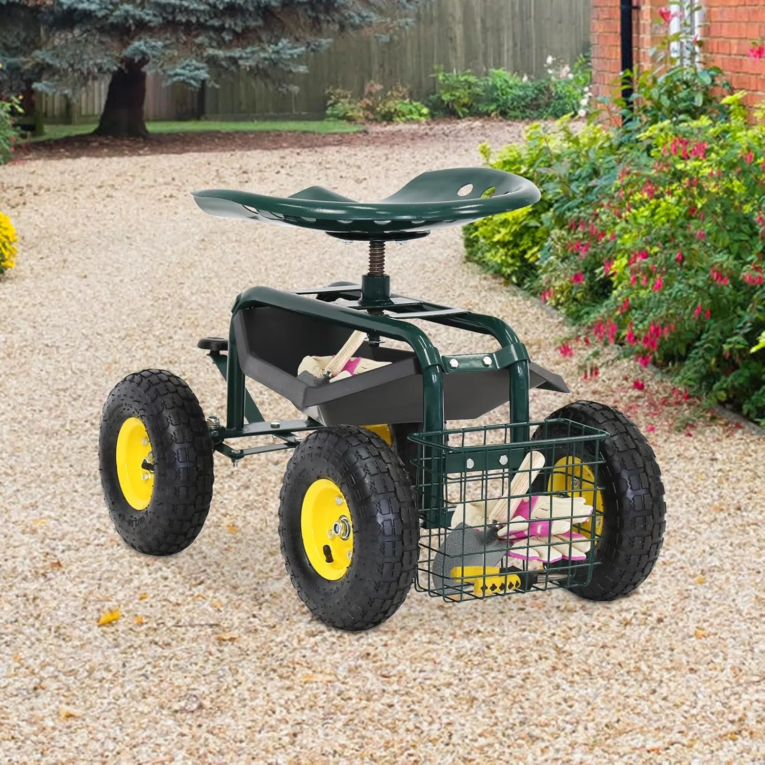 Kintness Garden Cart Rolling Wagon Scooter for Planting Swivel Work Seat with Tool Storage Utility Basket, 10" inch Wheel for Garden