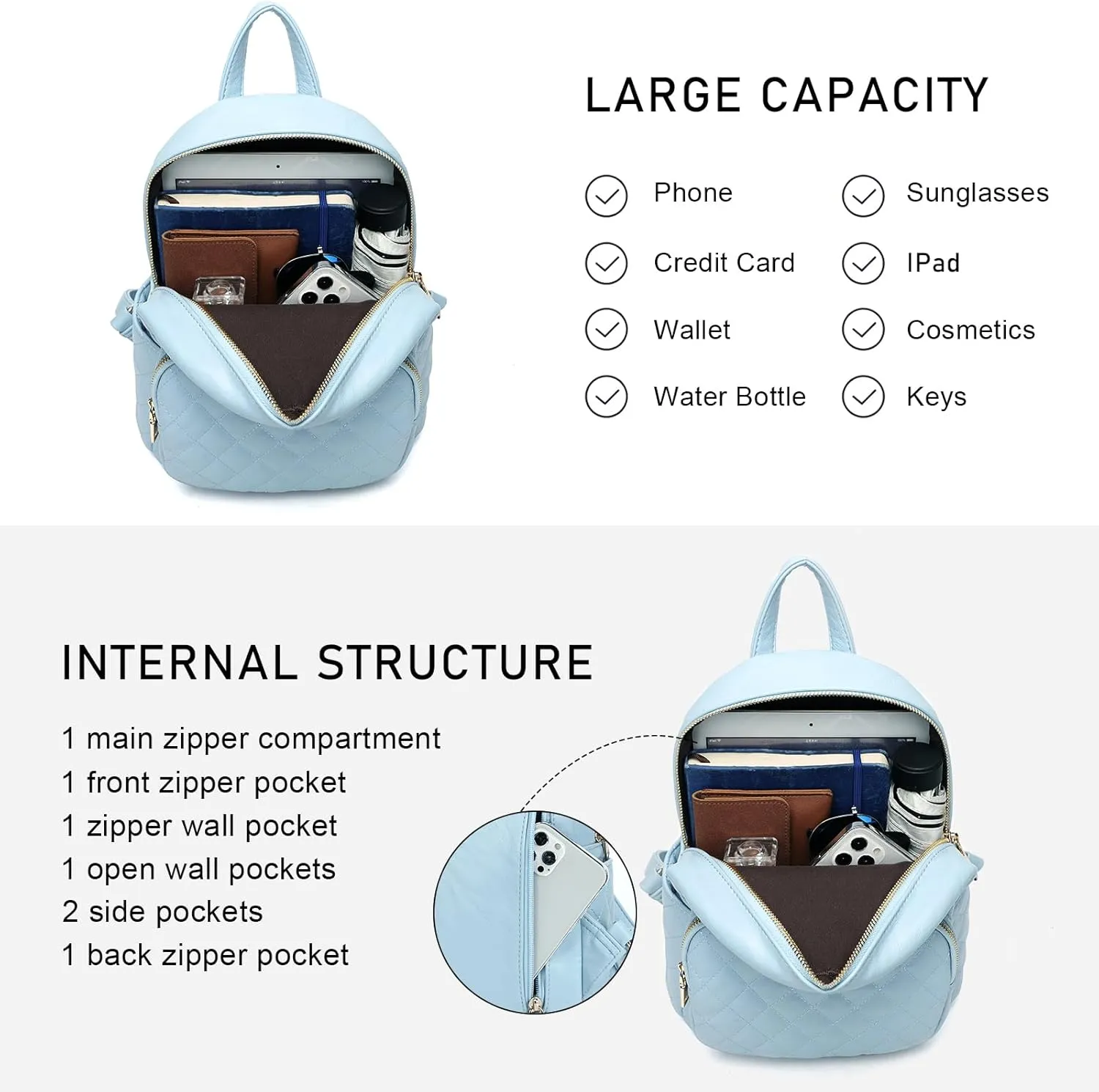 KL928 Quilted Mini Backpack for Women, PU Leather Backpack Purse Designer Satchel Bag, Small Casual Daypack for Ladies