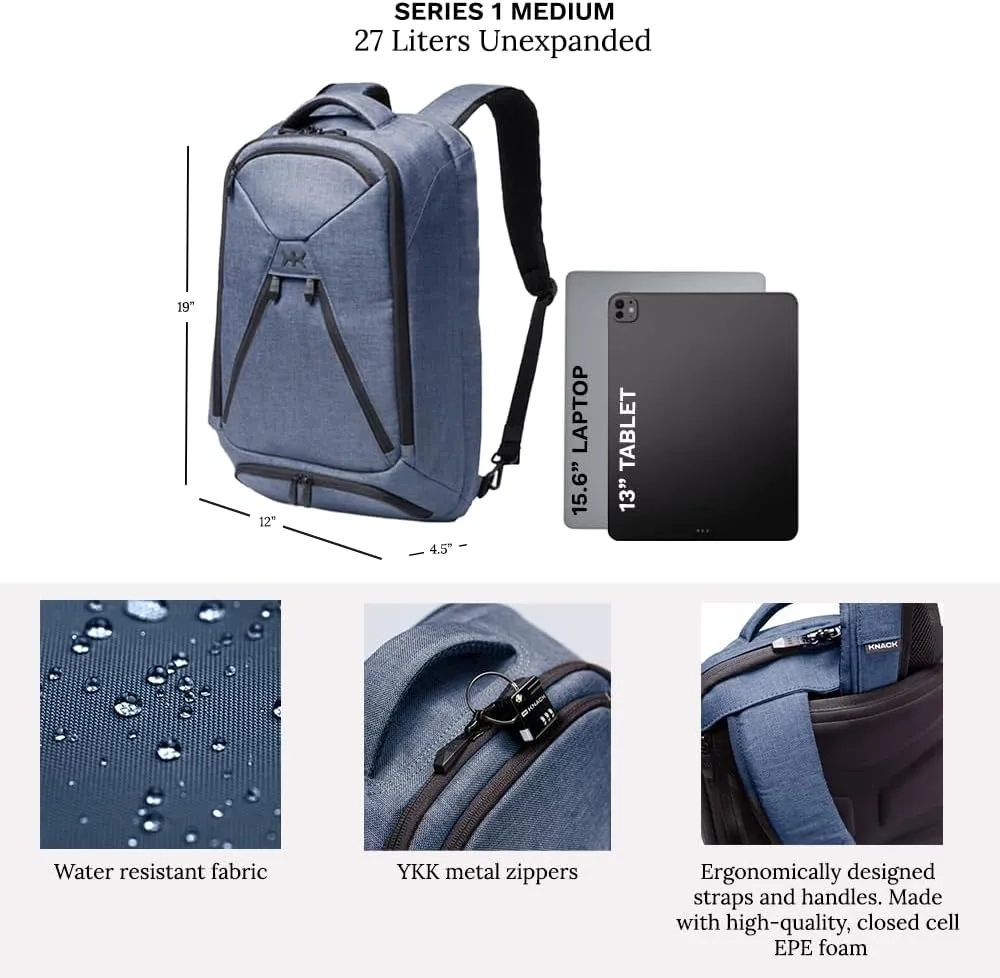 Knack Series 1 Laptop Backpack Fits up to 15 Inch - Knack Bags Carry-On Backpack, TSA Approved, Expandable Travel Backpacks With 3 Day Outfit Capacity (Indigo Blue, Medium)