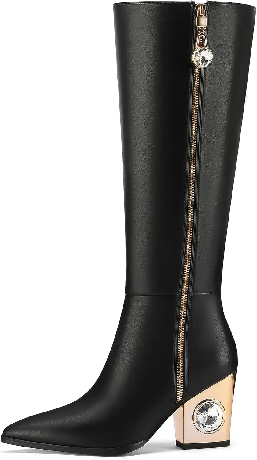 Knee High Boots for Women Cowboy Boots Chunky Heel Pointed Toe Cowgirl Boots with Rhinestone Side Zipper Tall Boots