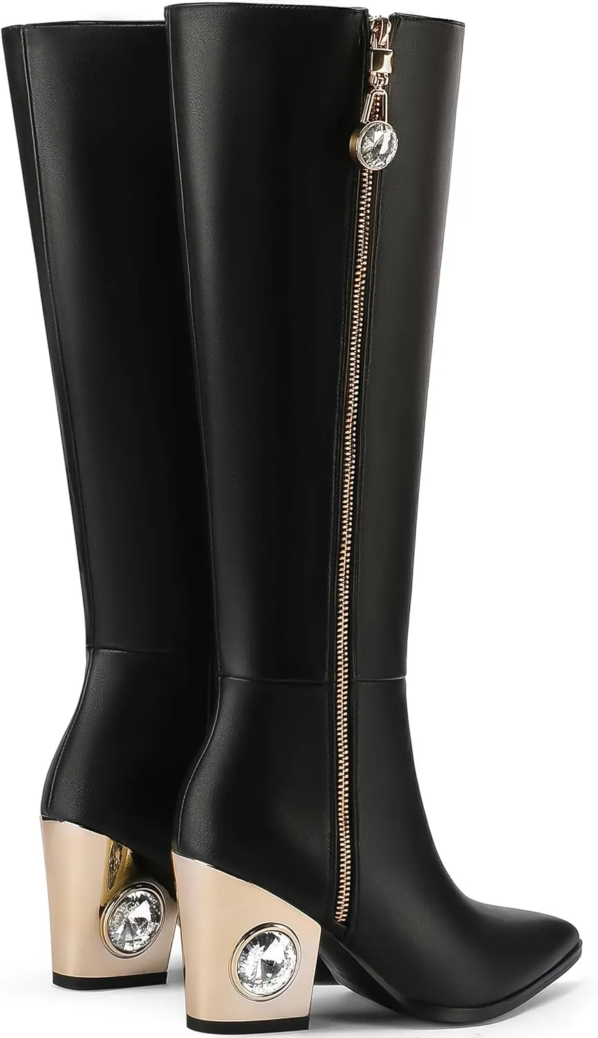 Knee High Boots for Women Cowboy Boots Chunky Heel Pointed Toe Cowgirl Boots with Rhinestone Side Zipper Tall Boots