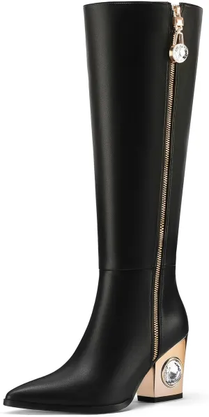 Knee High Boots for Women Cowboy Boots Chunky Heel Pointed Toe Cowgirl Boots with Rhinestone Side Zipper Tall Boots