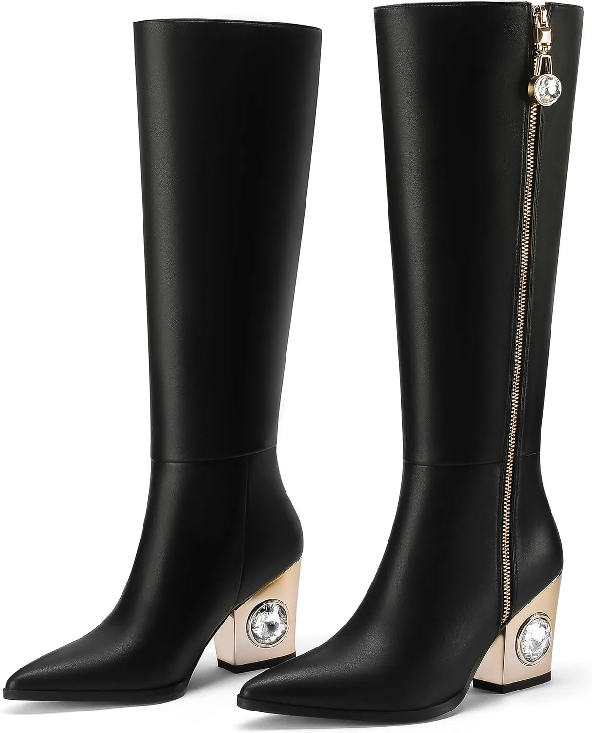 Knee High Boots for Women Cowboy Boots Chunky Heel Pointed Toe Cowgirl Boots with Rhinestone Side Zipper Tall Boots