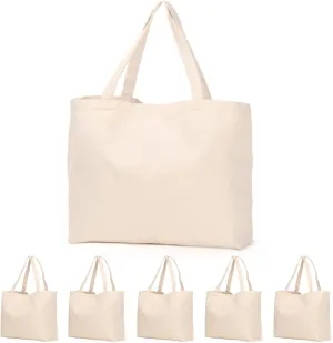 Koolmox Canvas Grocery Bag, 6-Pack 22'' Large Bags with Reinforced Handles, 12 Oz Heavy Duty Reusable Washable Grocery Shopping Bags Plain Totes for Teacher Paint Embroidery Draw DIY Art Craft Totes