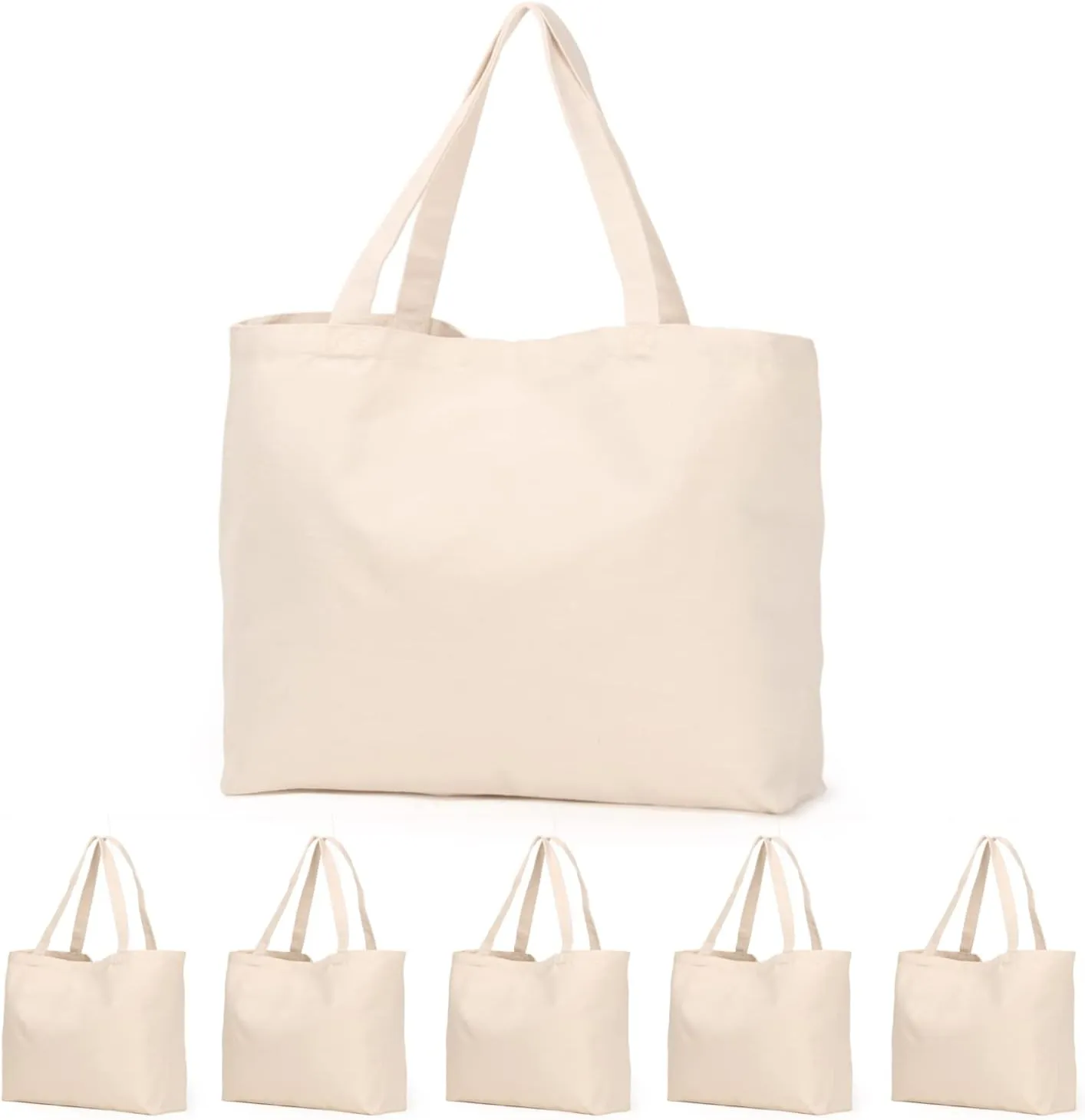 Koolmox Canvas Grocery Bag, 6-Pack 22'' Large Bags with Reinforced Handles, 12 Oz Heavy Duty Reusable Washable Grocery Shopping Bags Plain Totes for Teacher Paint Embroidery Draw DIY Art Craft Totes