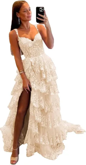 Lace Tulle Tiered Prom Dresses 2025 Long Slit Spaghetti Straps Sparkly Corset Formal Evening Party Gowns