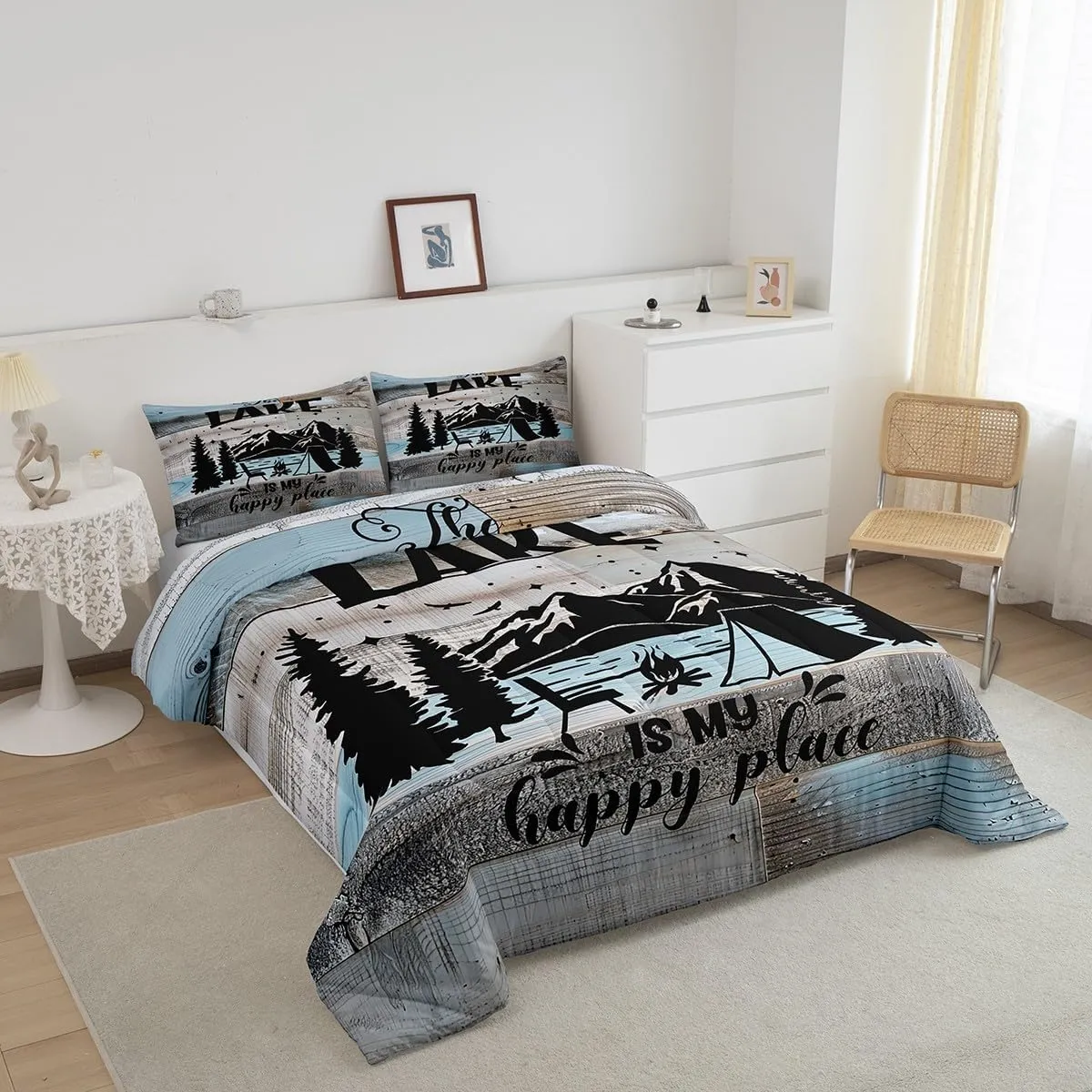 Lake House Decor Comforter Set, Camping House Bedding Sets Twin, Rustic Farmhouse Lodge Duvet Insert Gifts For Lake House, Country Retro Wooden Quilted Duvet Cabin Room Decor With 1 Pillow Case