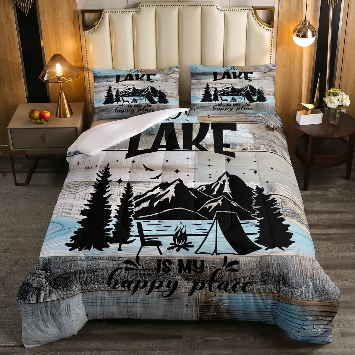 Lake House Decor Comforter Set, Camping House Bedding Sets Twin, Rustic Farmhouse Lodge Duvet Insert Gifts For Lake House, Country Retro Wooden Quilted Duvet Cabin Room Decor With 1 Pillow Case