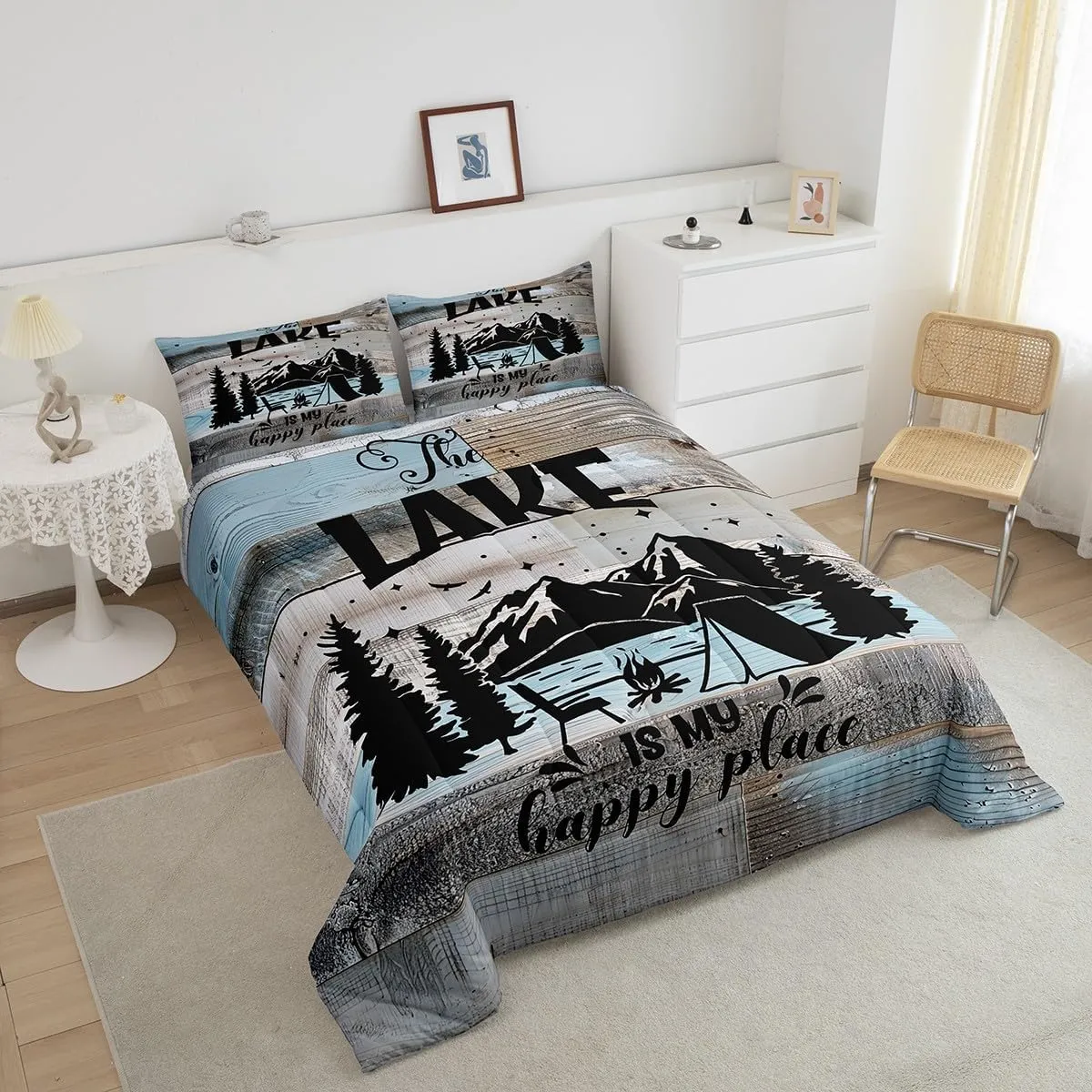 Lake House Decor Comforter Set, Camping House Bedding Sets Twin, Rustic Farmhouse Lodge Duvet Insert Gifts For Lake House, Country Retro Wooden Quilted Duvet Cabin Room Decor With 1 Pillow Case