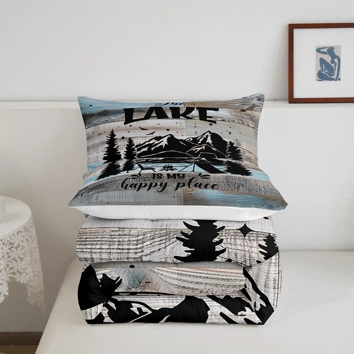 Lake House Decor Comforter Set, Camping House Bedding Sets Twin, Rustic Farmhouse Lodge Duvet Insert Gifts For Lake House, Country Retro Wooden Quilted Duvet Cabin Room Decor With 1 Pillow Case