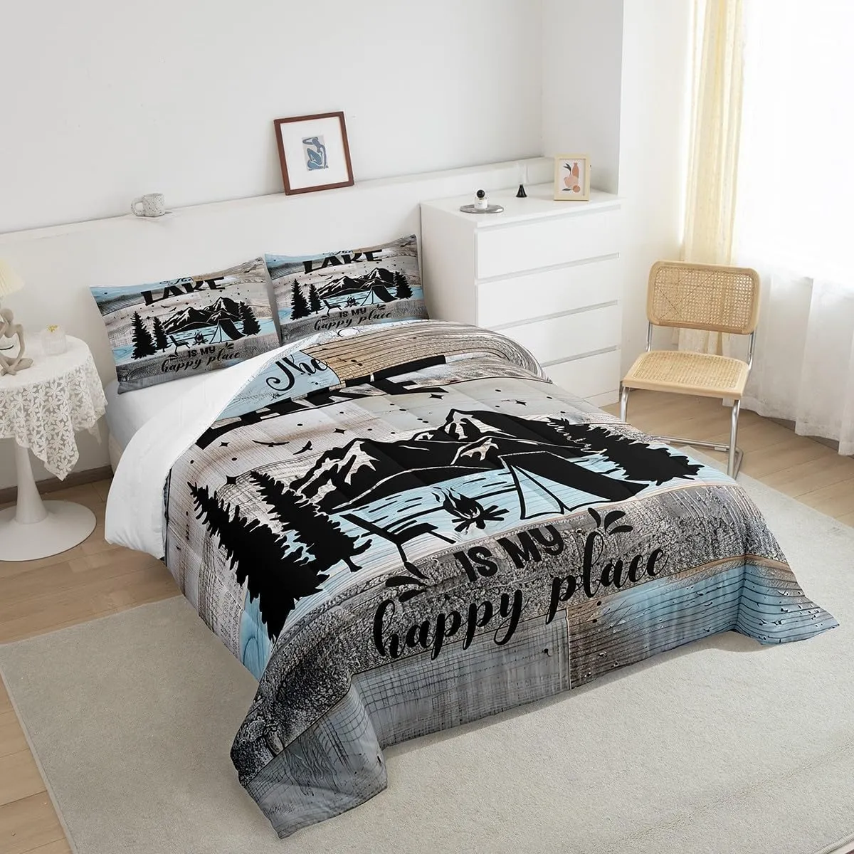 Lake House Decor Comforter Set, Camping House Bedding Sets Twin, Rustic Farmhouse Lodge Duvet Insert Gifts For Lake House, Country Retro Wooden Quilted Duvet Cabin Room Decor With 1 Pillow Case