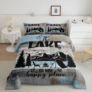 Lake House Decor Comforter Set, Camping House Bedding Sets Twin, Rustic Farmhouse Lodge Duvet Insert Gifts For Lake House, Country Retro Wooden Quilted Duvet Cabin Room Decor With 1 Pillow Case