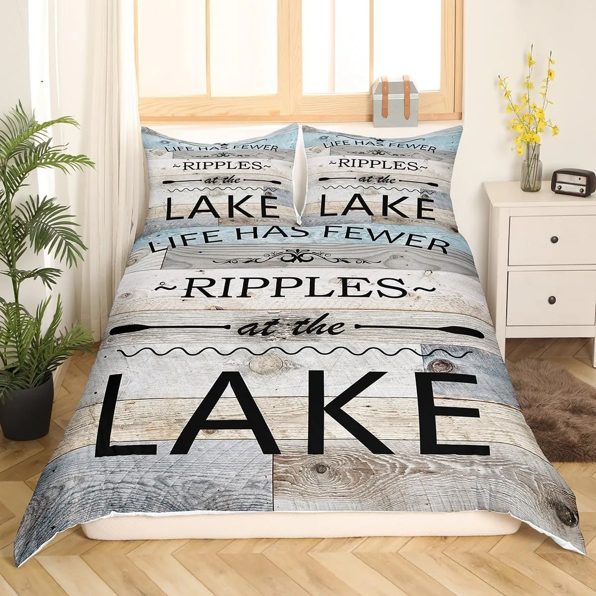 Lake Life Duvet Cover Set Full Size,Inspirational Quotes Print Comforter Cover with 2 Pillowcases,Lakeside Cabin Fishing Camping Breathable Bedspread for Boys Teens,Pillow Sham
