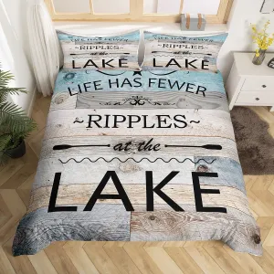 Lake Life Duvet Cover Set Full Size,Inspirational Quotes Print Comforter Cover with 2 Pillowcases,Lakeside Cabin Fishing Camping Breathable Bedspread for Boys Teens,Pillow Sham