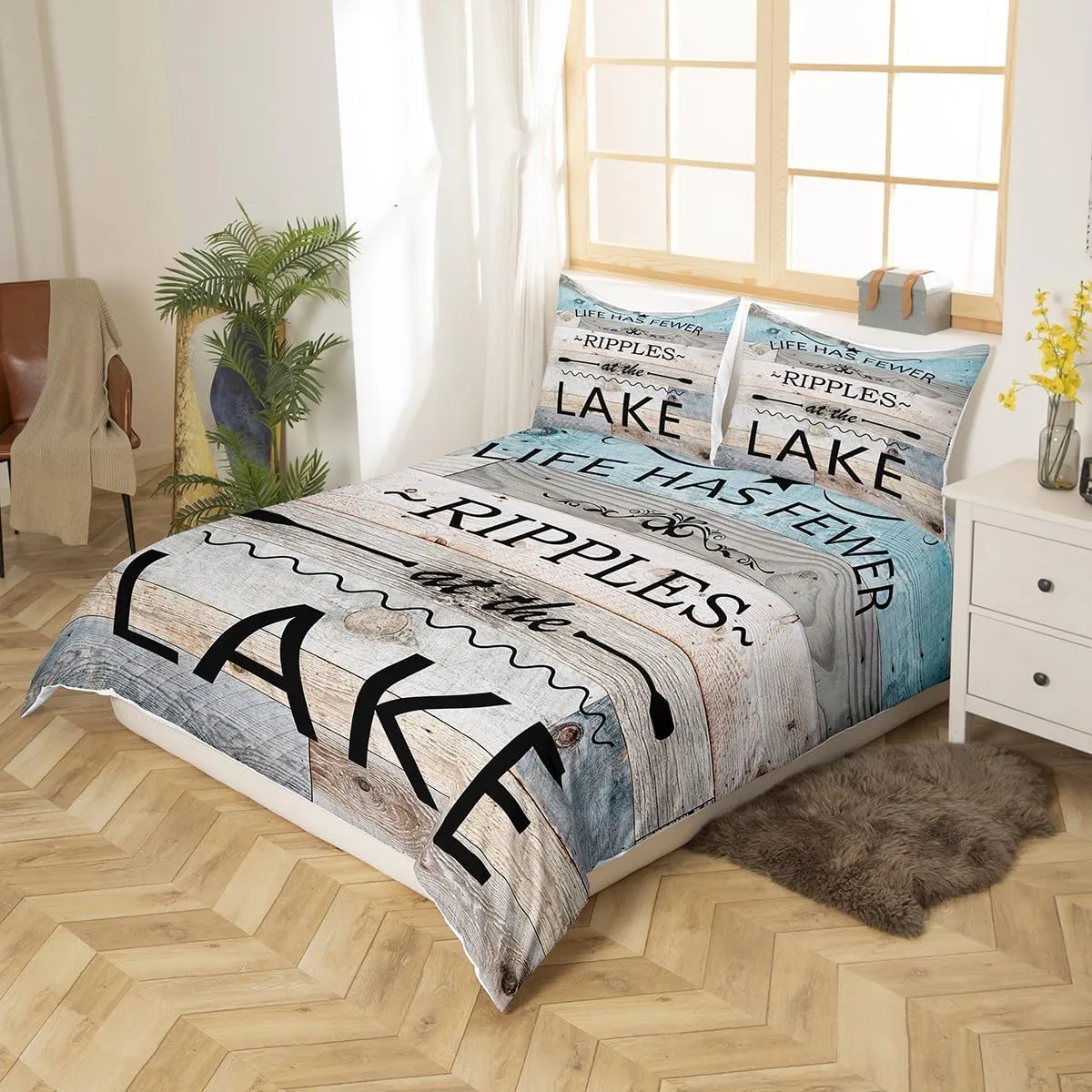 Lake Life Duvet Cover Set Full Size,Inspirational Quotes Print Comforter Cover with 2 Pillowcases,Lakeside Cabin Fishing Camping Breathable Bedspread for Boys Teens,Pillow Sham