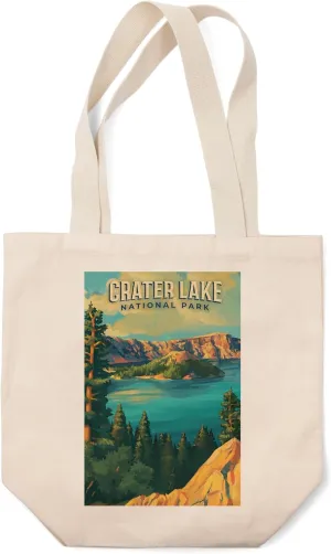 Lantern Press Crater Lake National Park, Oregon, Oil Painting National Park Series (100% Cotton Canvas Reusable Tote Bag)