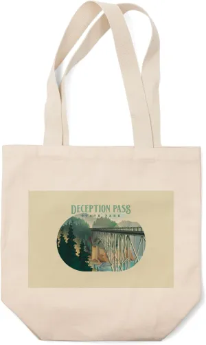 Lantern Press Deception Pass State Park, Washington, Lithograph, (100% Cotton Canvas Reusable Tote Bag)