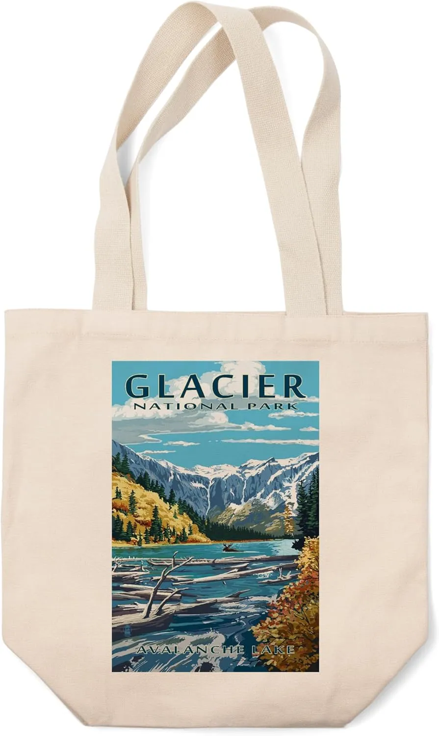Lantern Press Glacier National Park, Montana, Avalanche Lake Illustration (100% Cotton Canvas Reusable Tote Bag)