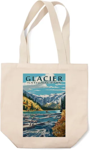 Lantern Press Glacier National Park, Montana, Avalanche Lake Illustration (100% Cotton Canvas Reusable Tote Bag)