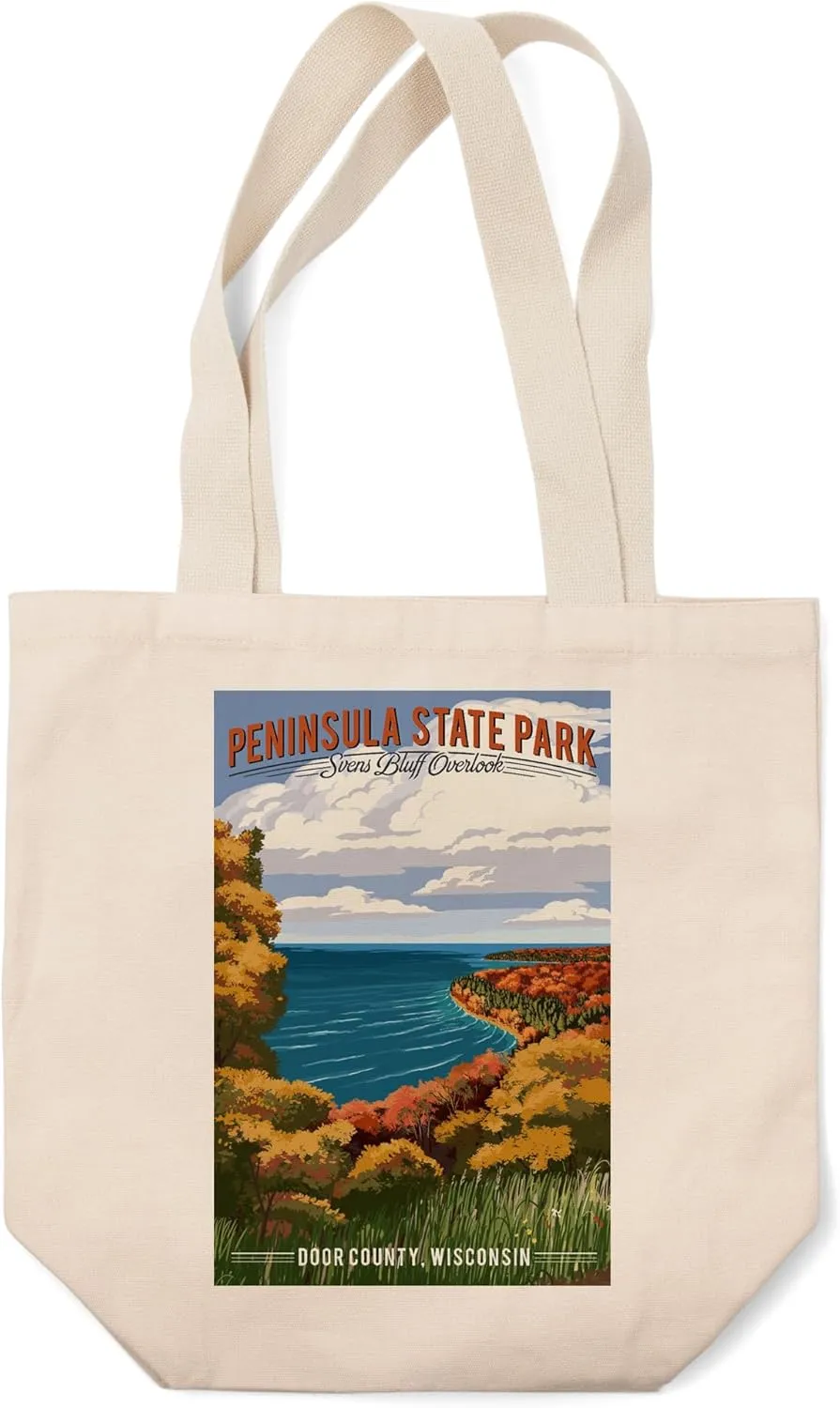 Lantern Press Peninsula State Park, Wisconsin, Svens Bluff Overlook, Sunset Bike Trail (100% Cotton Canvas Reusable Tote Bag)