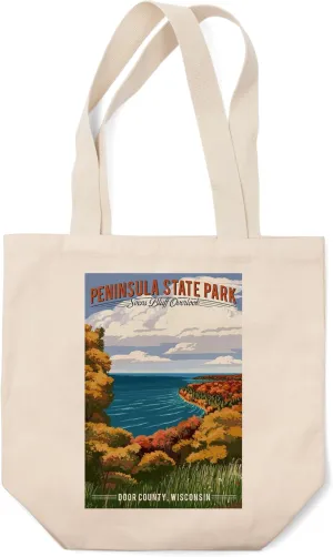 Lantern Press Peninsula State Park, Wisconsin, Svens Bluff Overlook, Sunset Bike Trail (100% Cotton Canvas Reusable Tote Bag)