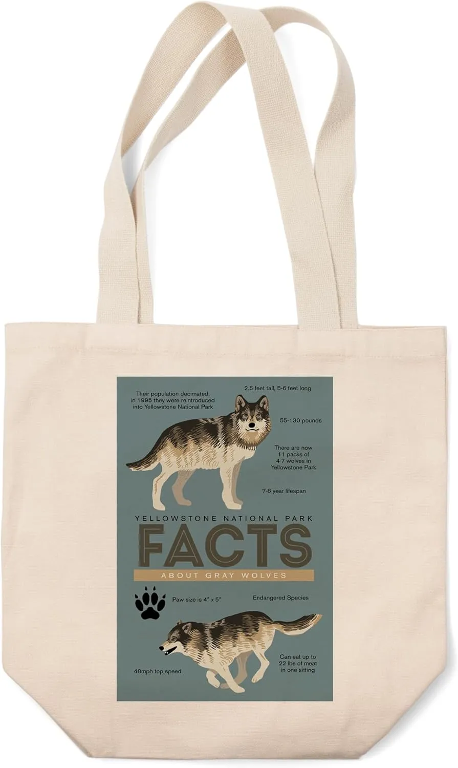 Lantern Press Yellowstone National Park, Facts About Gray Wolves (100% Cotton Canvas Reusable Tote Bag)