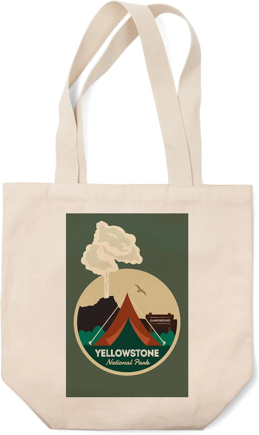 Lantern Press Yellowstone National Park, Geyser and Tent, (100% Cotton Canvas Reusable Tote Bag)
