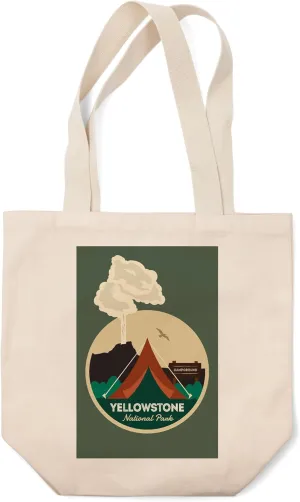 Lantern Press Yellowstone National Park, Geyser and Tent, (100% Cotton Canvas Reusable Tote Bag)