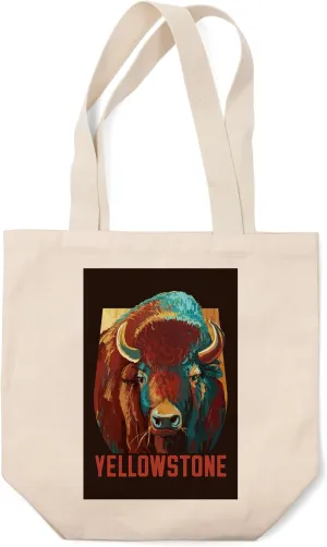 Lantern Press Yellowstone National Park, Wyoming, Bison, Vivid, (100% Cotton Canvas Reusable Tote Bag)