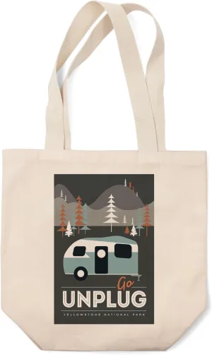 Lantern Press Yellowstone National Park, Wyoming, Go Unplug (100% Cotton Canvas Reusable Tote Bag)