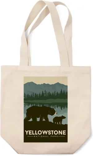Lantern Press Yellowstone National Park, Wyoming, Grizzly Bear and Cub (100% Cotton Canvas Reusable Tote Bag)