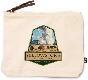 Lantern Press Yellowstone National Park, Wyoming, Old Faithful Geyser and Bison Herd, 100% Cotton Zipper Pouch, Travel Accessory, Go Bag