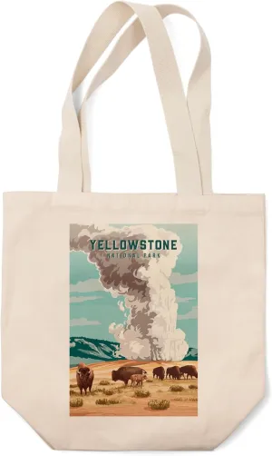 Lantern Press Yellowstone National Park, Wyoming, Painterly National Park Series, Bison and Geyser (100% Cotton Canvas Reusable Tote Bag)
