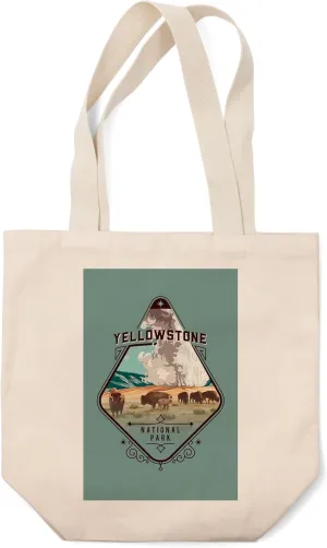 Lantern Press Yellowstone National Park, Wyoming, Painterly National Park Series, Bison and Geyser, (100% Cotton Canvas Reusable Tote Bag)